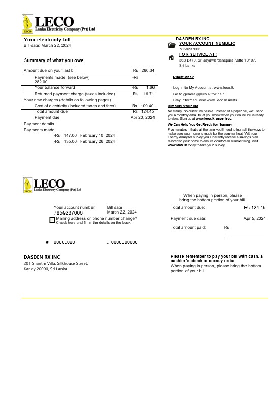 Sri Lanka LECO Company electricity business utility bill template in Word and PDF formats